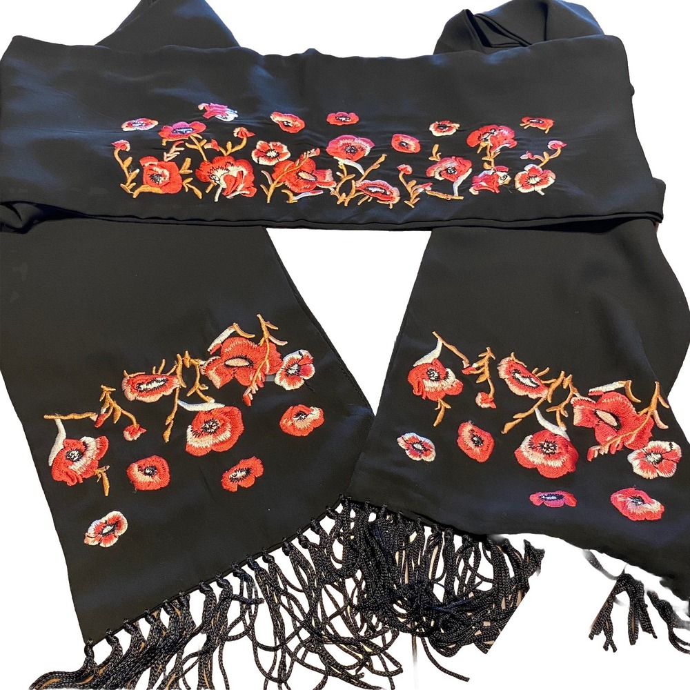 NWT White House Black Market WHBM Black Floral Embroidery Scarf Fringe Tassels